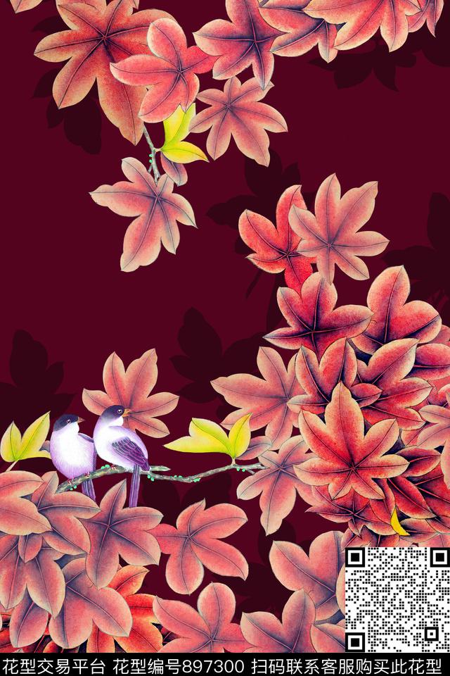枫叶鸟中国风数码印花华亿平台下载（图片编号: 897300） - 瓦栏（Walan）