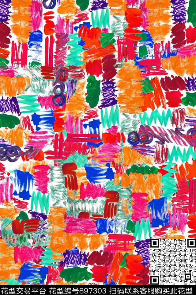 趣味笔触几何数码印花华亿平台下载（图片编号: 897303） - 瓦栏（Walan）