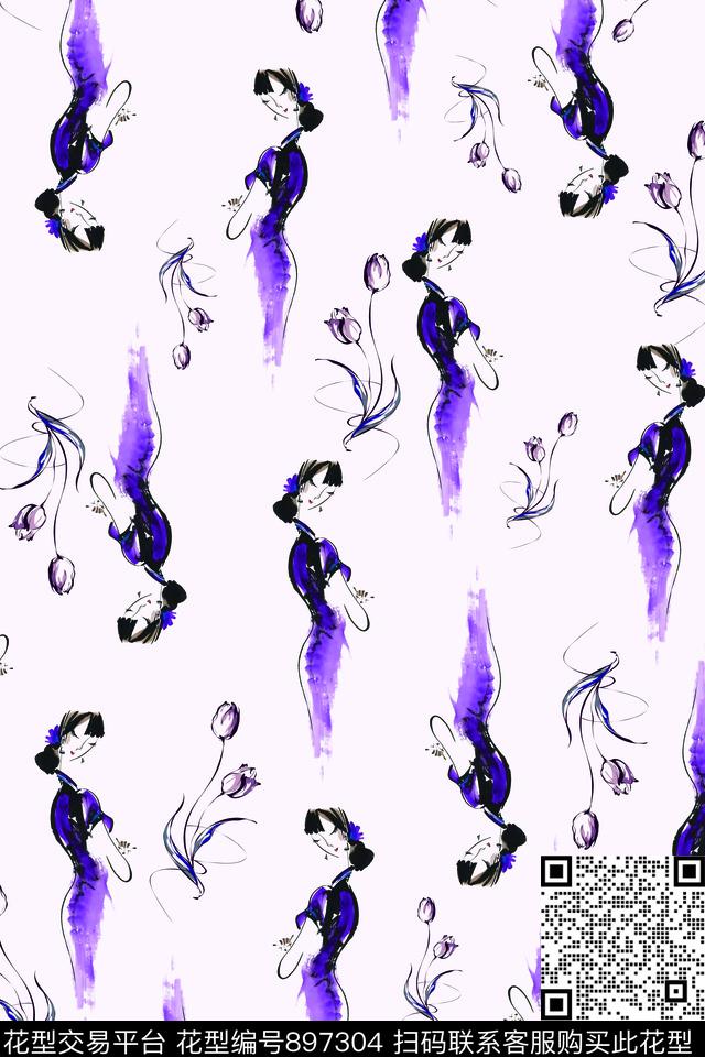 花卉中国风旗袍女人数码印花华亿平台下载（图片编号: 897304） - 瓦栏（Walan）