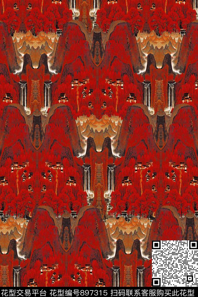 国画风景景观山数码印花华亿平台下载（图片编号: 897315） - 瓦栏（Walan）