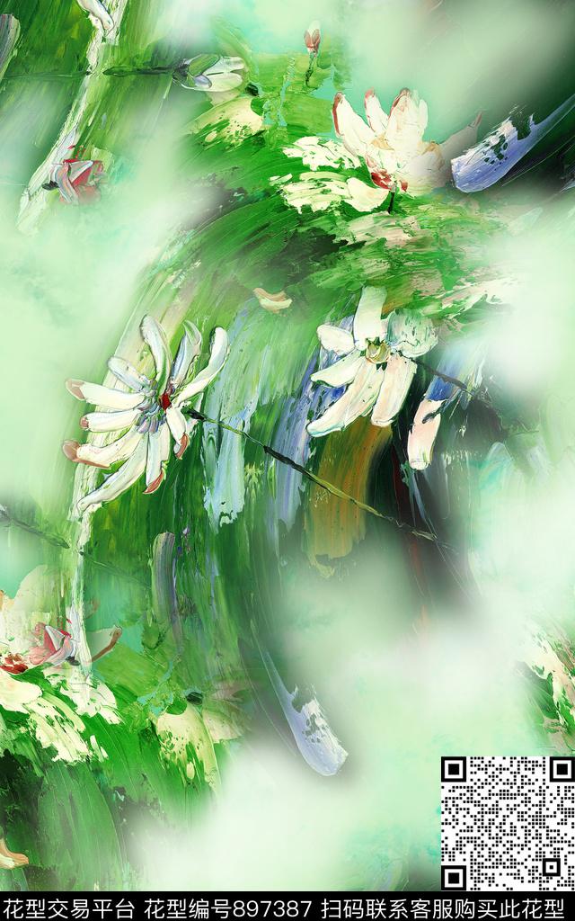 荷花中国风国画数码印花华亿平台下载（图片编号: 897387） - 瓦栏（Walan）