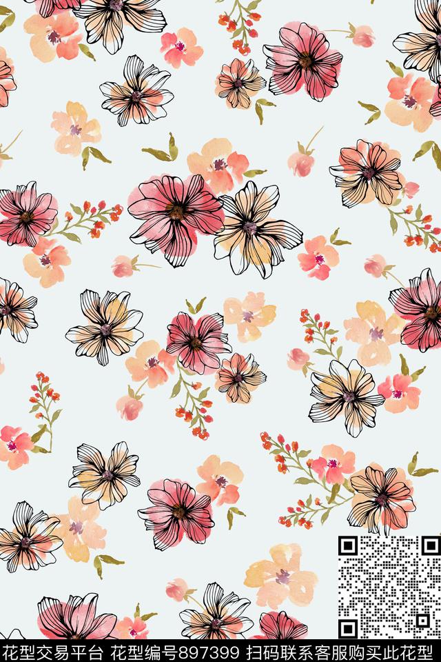 花卉手绘花卉水彩花卉数码印花华亿平台下载（图片编号: 897399） - 瓦栏（Walan）