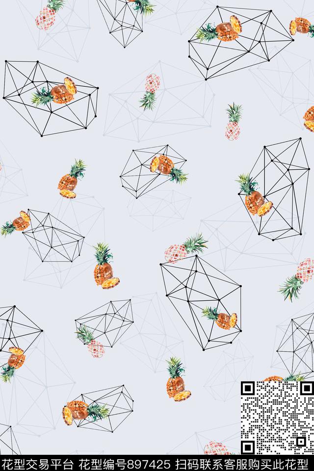 水果菠萝手绘花卉数码印花华亿平台下载（图片编号: 897425） - 瓦栏（Walan）