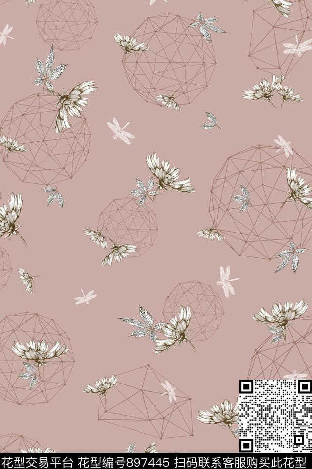 蜻蜓花卉手绘花卉数码印花华亿平台下载（图片编号: 897445） - 瓦栏（Walan）