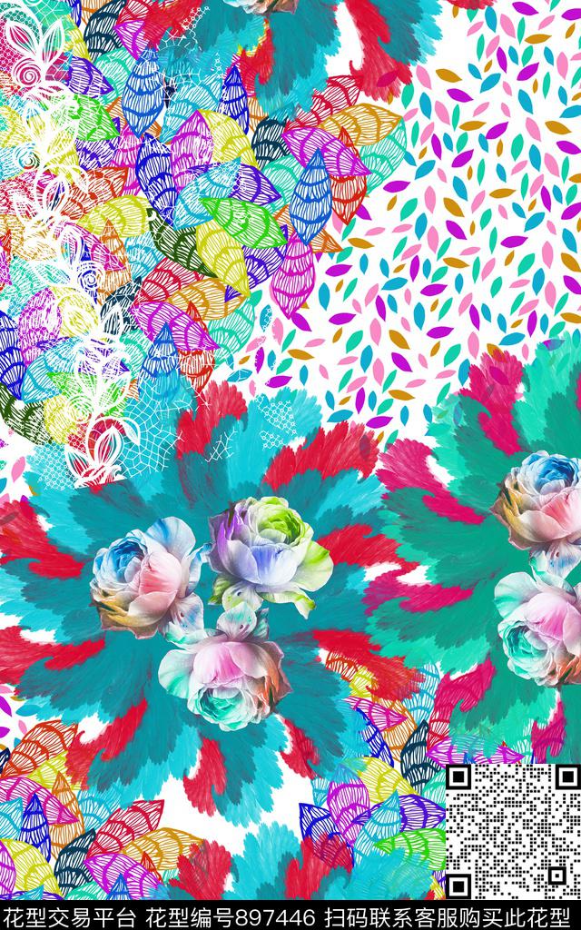 混合拼接几何花卉女装传统印花华亿平台下载（图片编号: 897446） - 瓦栏（Walan）