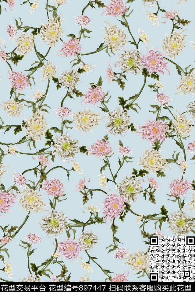 花卉手绘花卉菊花数码印花华亿平台下载（图片编号: 897447） - 瓦栏（Walan）