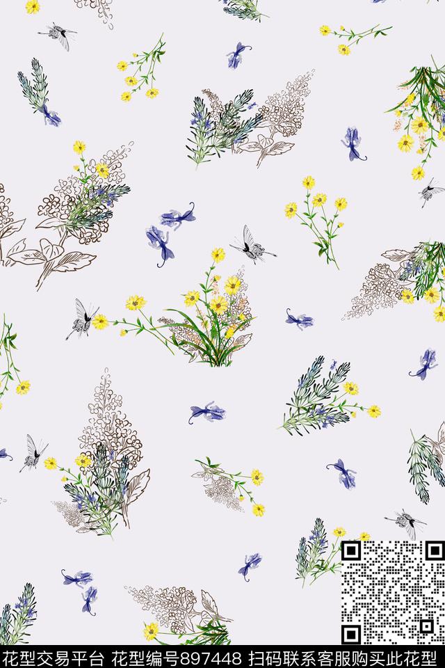蝴蝶花卉手绘花卉数码印花华亿平台下载（图片编号: 897448） - 瓦栏（Walan）
