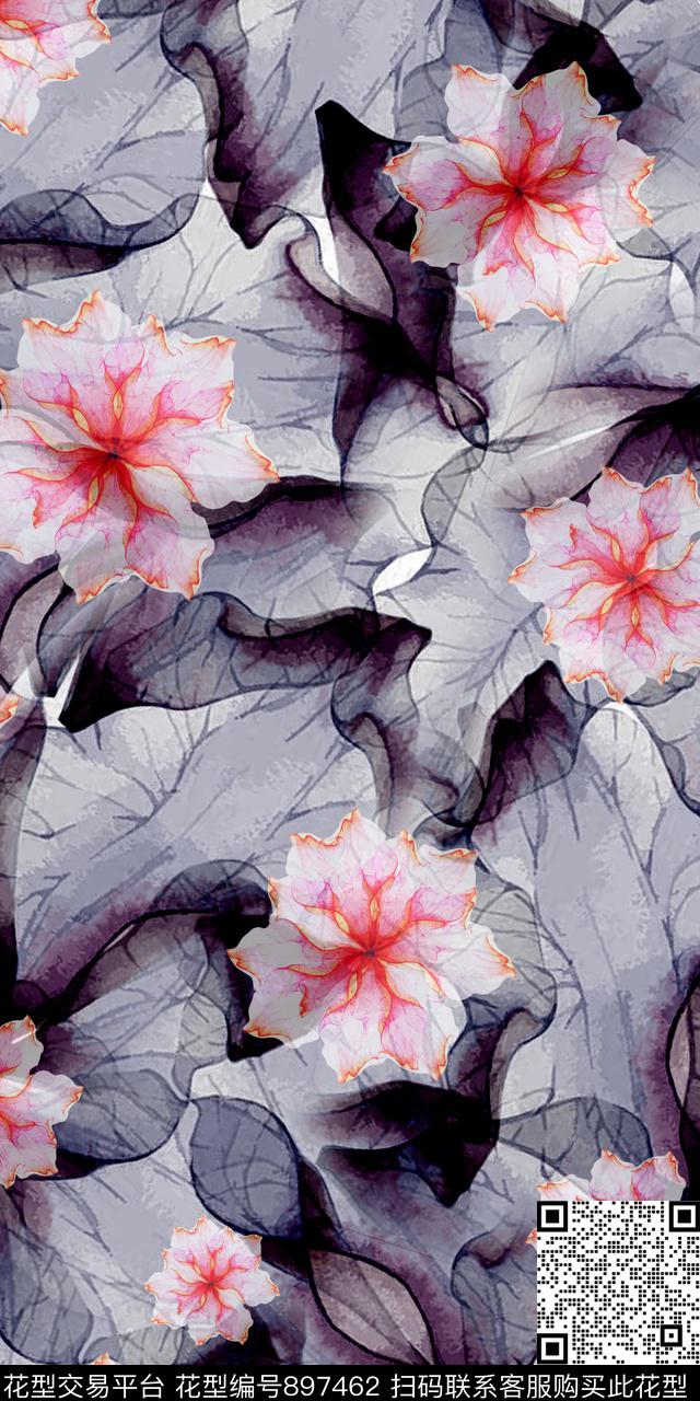 数码华亿平台大花水墨风数码印花华亿平台下载（图片编号: 897462） - 瓦栏（Walan）