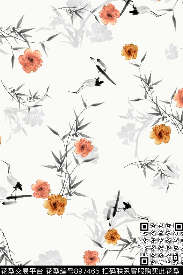 花卉中国风水墨风数码印花华亿平台下载（图片编号: 897465） - 瓦栏（Walan）
