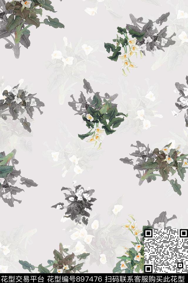 花卉手绘花卉马蹄莲数码印花华亿平台下载（图片编号: 897476） - 瓦栏（Walan）