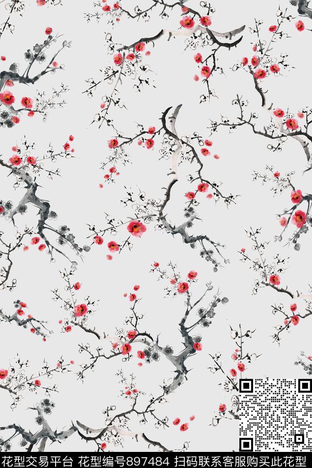 手绘花卉梅花中国风数码印花华亿平台下载（图片编号: 897484） - 瓦栏（Walan）