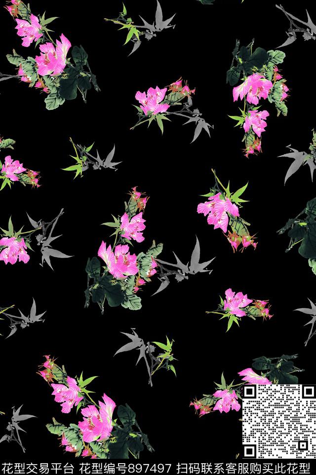 手绘花卉抽象花卉荷花数码印花华亿平台下载（图片编号: 897497） - 瓦栏（Walan）