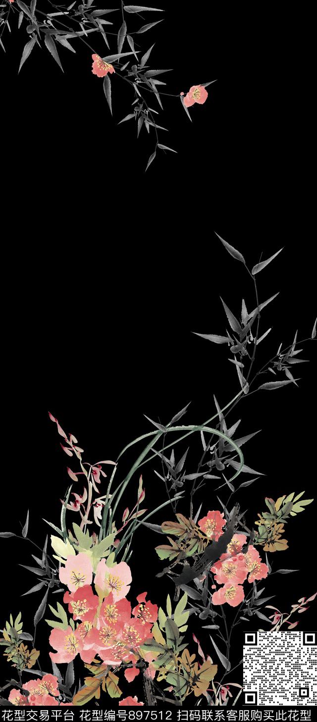 手绘花卉中国风水墨风数码印花华亿平台下载（图片编号: 897512） - 瓦栏（Walan）