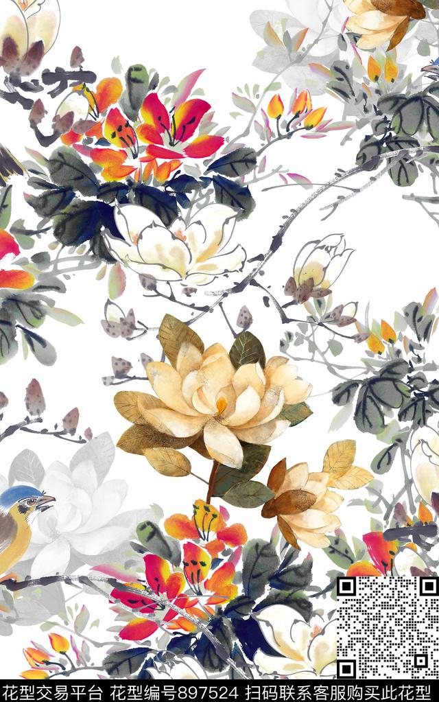 玉兰花鸟油画华亿平台数码印花华亿平台下载（图片编号: 897524） - 瓦栏（Walan）