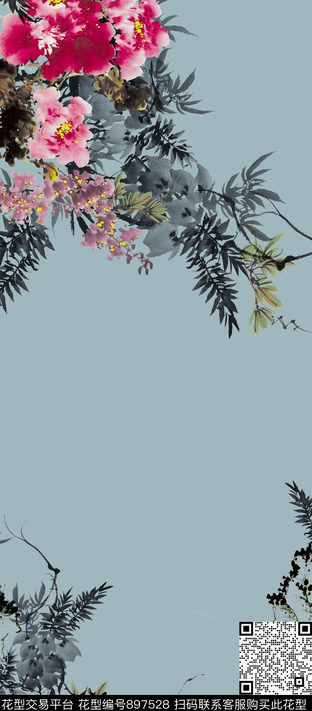 中国风手绘花卉水墨风数码印花华亿平台下载（图片编号: 897528） - 瓦栏（Walan）