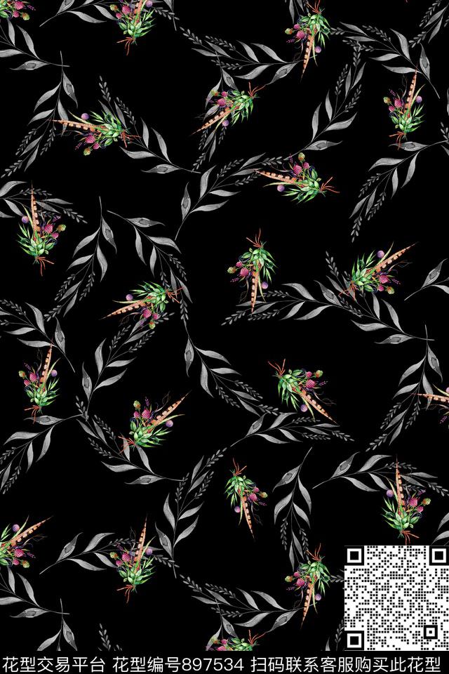 花卉手绘花卉绿植树叶数码印花华亿平台下载（图片编号: 897534） - 瓦栏（Walan）