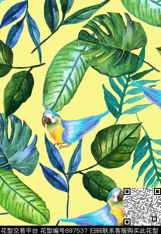 热带鹦鹉棕榈树传统印花华亿平台下载（图片编号: 897537） - 瓦栏（Walan）