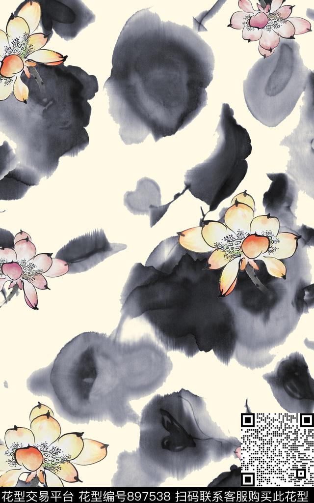 荷花水墨风渐变数码印花华亿平台下载（图片编号: 897538） - 瓦栏（Walan）