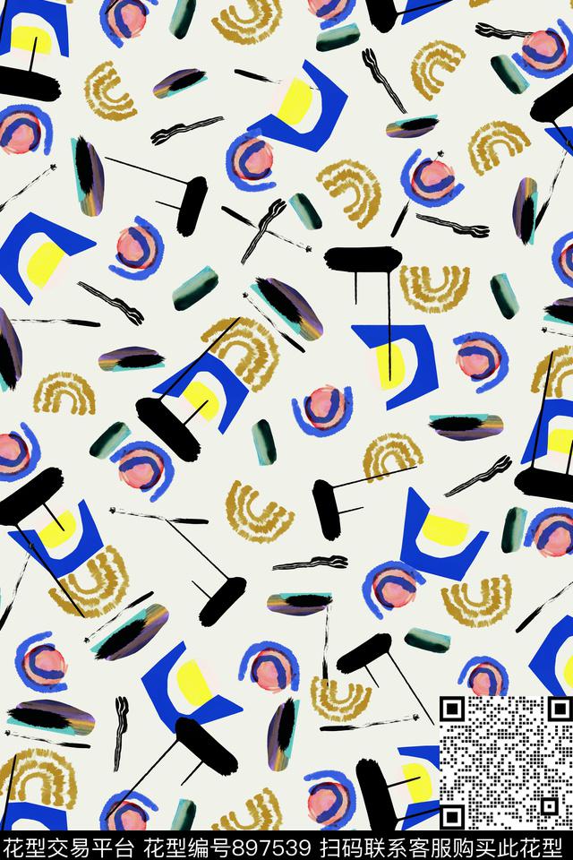 趣味抽象笔触数码印花华亿平台下载（图片编号: 897539） - 瓦栏（Walan）