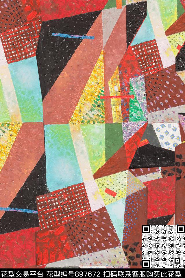 几何油画华亿平台混合拼接数码印花华亿平台下载（图片编号: 897672） - 瓦栏（Walan）