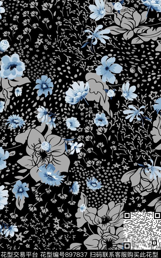 波点花卉抽象数码印花华亿平台下载（图片编号: 897837） - 瓦栏（Walan）
