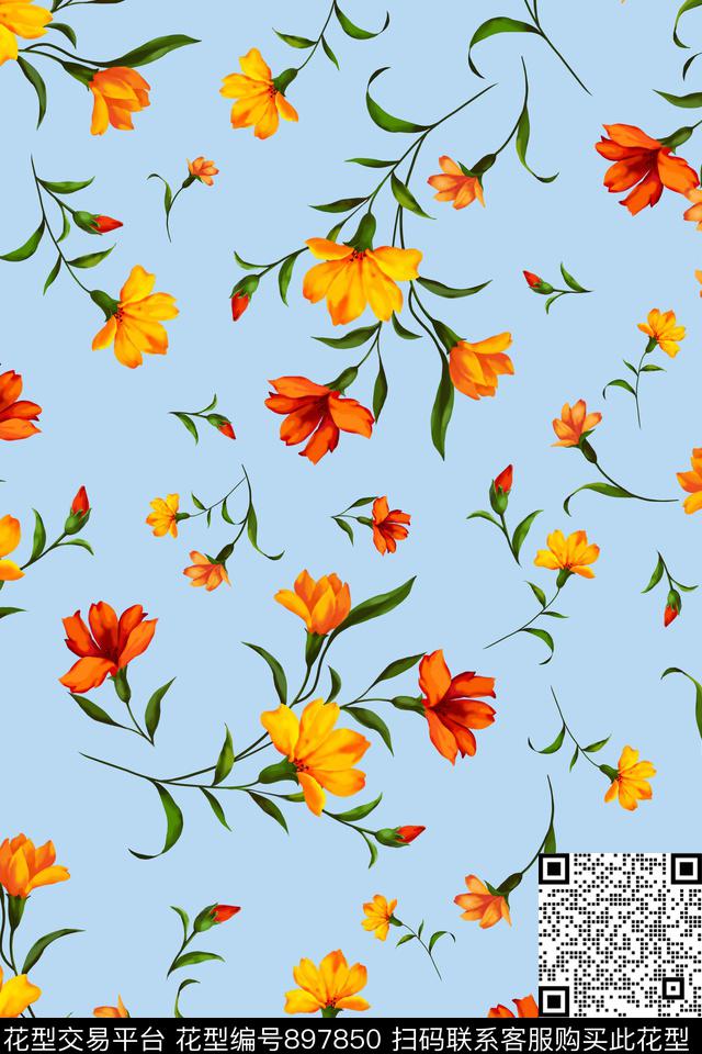 花卉手绘花卉小碎花数码印花华亿平台下载（图片编号: 897850） - 瓦栏（Walan）