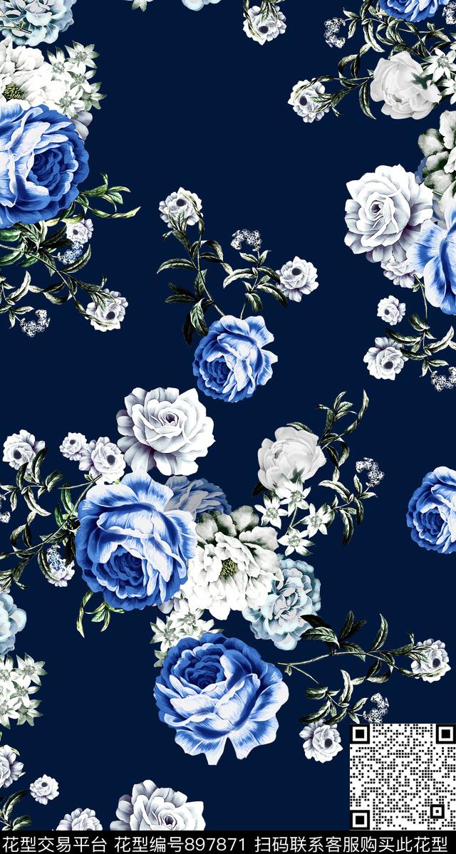 花卉大牌风蓝色数码印花华亿平台下载（图片编号: 897871） - 瓦栏（Walan）