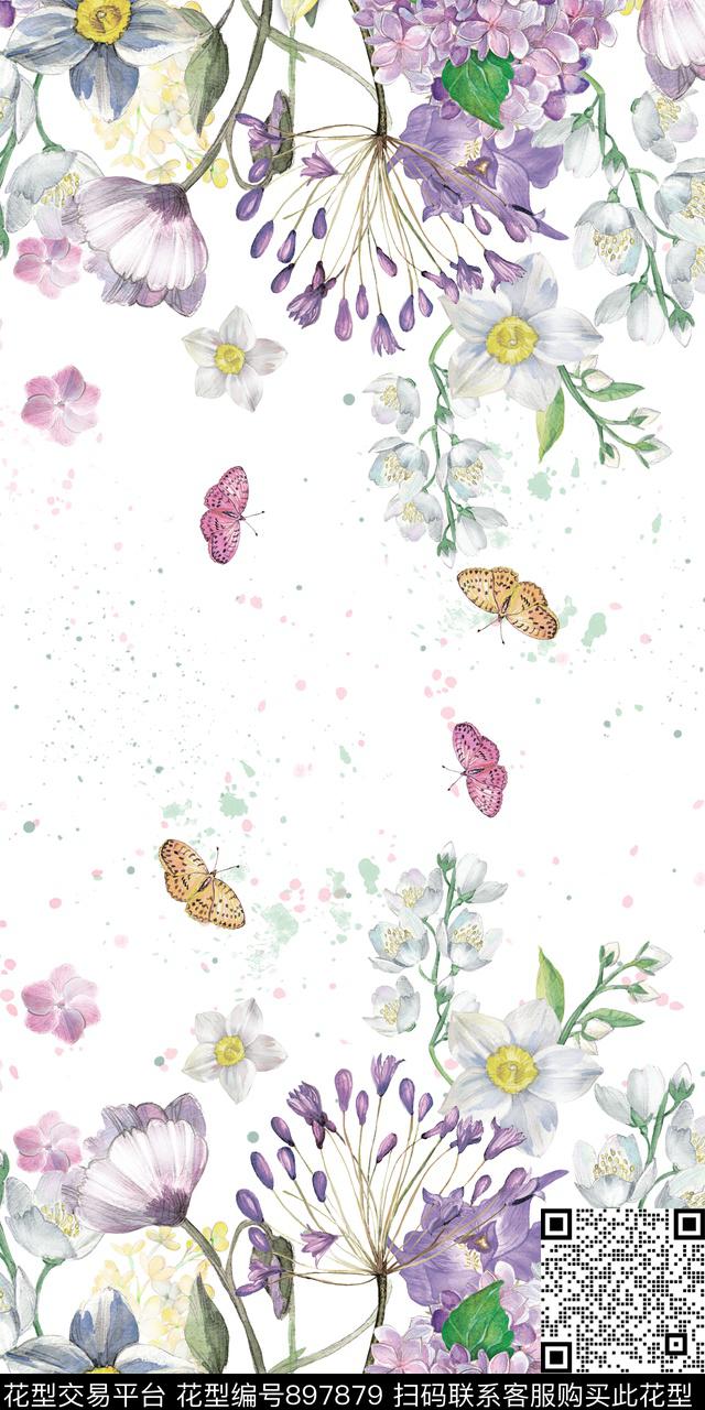 复古水彩花卉长巾数码印花华亿平台下载（图片编号: 897879） - 瓦栏（Walan）