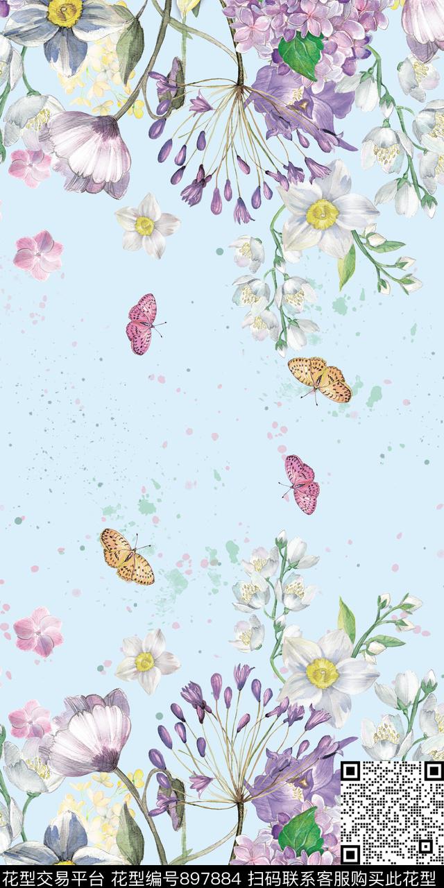复古水彩花卉长巾数码印花华亿平台下载（图片编号: 897884） - 瓦栏（Walan）