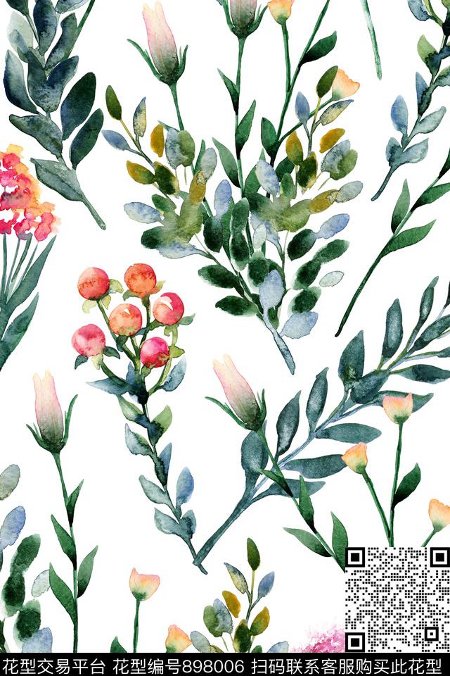 花卉水彩花卉枝叶数码印花华亿平台下载（图片编号: 898006） - 瓦栏（Walan）