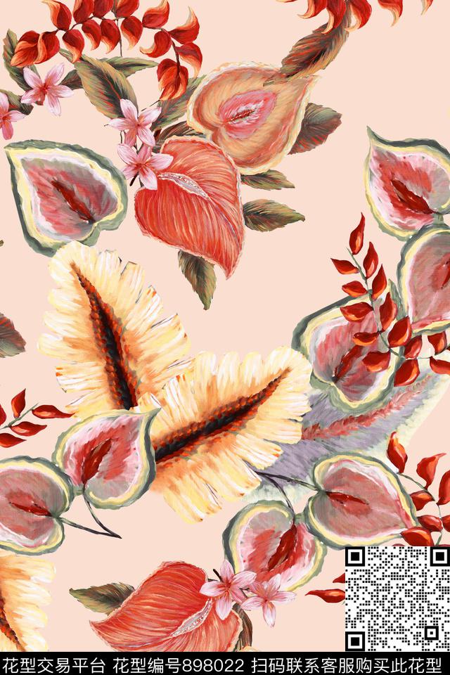 热带花卉绿植树叶数码印花华亿平台下载（图片编号: 898022） - 瓦栏（Walan）