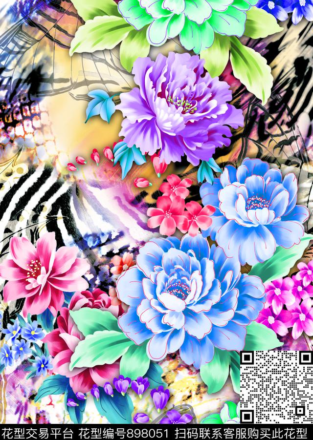 花卉玫瑰花抽象花卉数码印花华亿平台下载（图片编号: 898051） - 瓦栏（Walan）