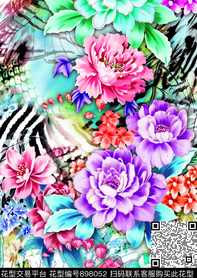 花卉玫瑰花抽象花卉数码印花华亿平台下载（图片编号: 898052） - 瓦栏（Walan）