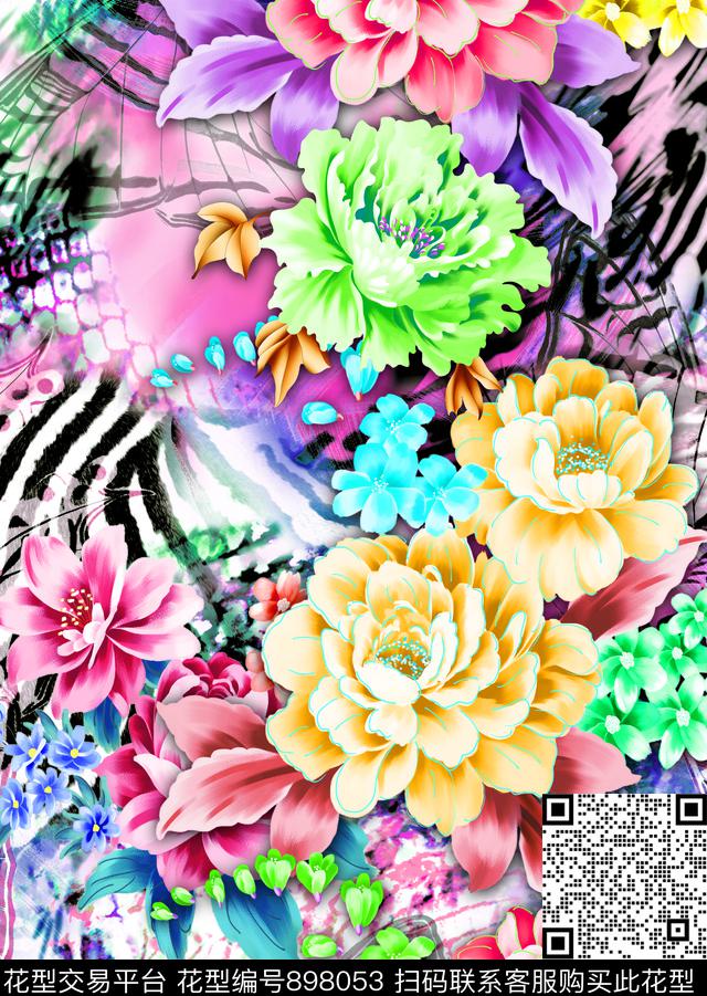 花卉玫瑰花抽象花卉数码印花华亿平台下载（图片编号: 898053） - 瓦栏（Walan）