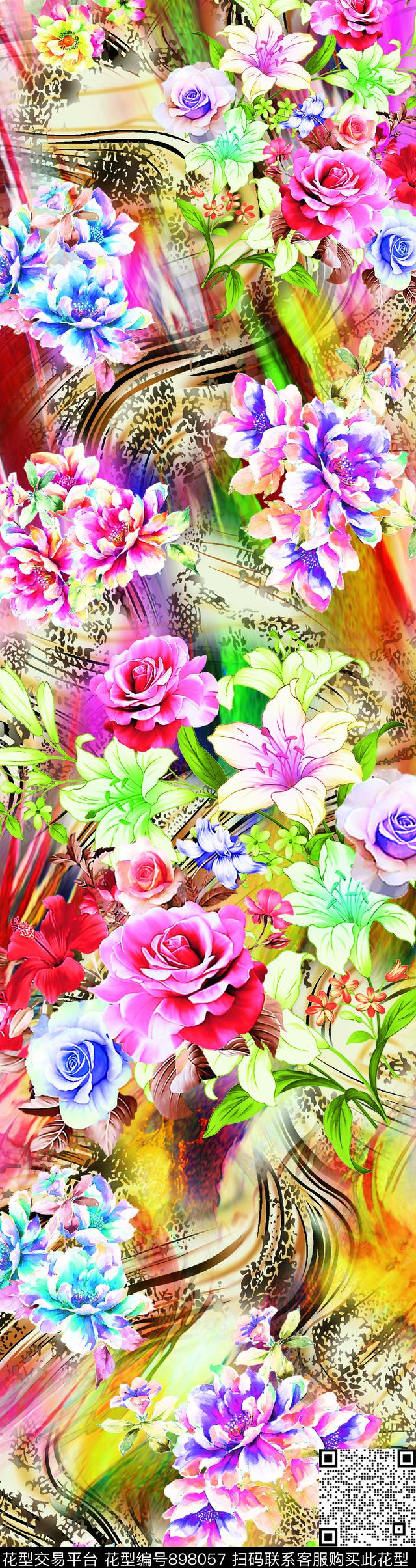 花卉玫瑰花抽象花卉数码印花华亿平台下载（图片编号: 898057） - 瓦栏（Walan）