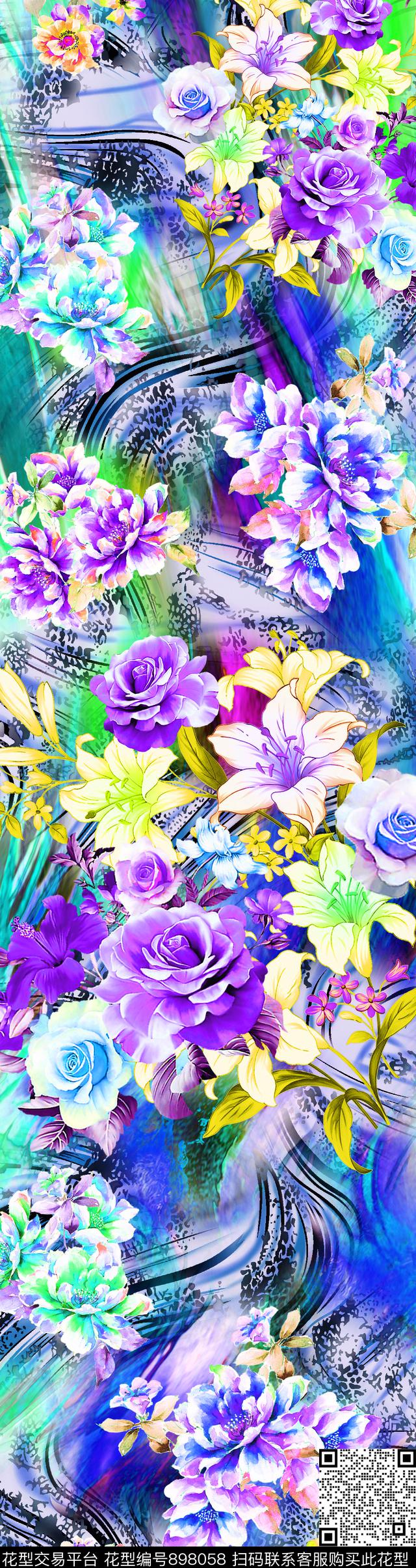 花卉玫瑰花抽象花卉数码印花华亿平台下载（图片编号: 898058） - 瓦栏（Walan）