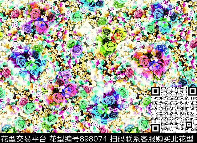 花卉玫瑰花抽象花卉数码印花华亿平台下载（图片编号: 898074） - 瓦栏（Walan）