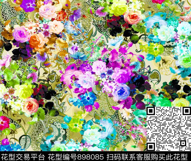 花卉玫瑰花抽象花卉数码印花华亿平台下载（图片编号: 898085） - 瓦栏（Walan）