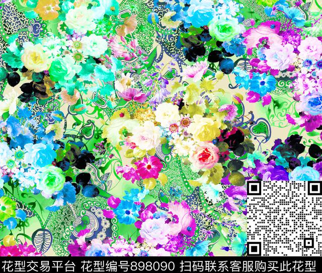花卉玫瑰花抽象花卉数码印花华亿平台下载（图片编号: 898090） - 瓦栏（Walan）
