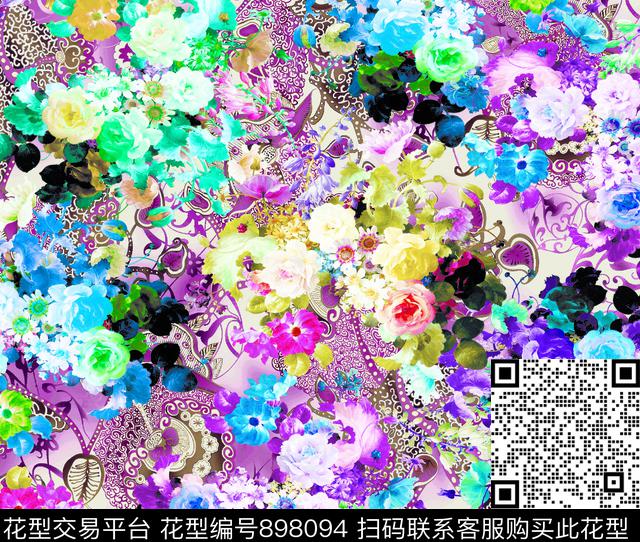 花卉玫瑰花抽象花卉数码印花华亿平台下载（图片编号: 898094） - 瓦栏（Walan）