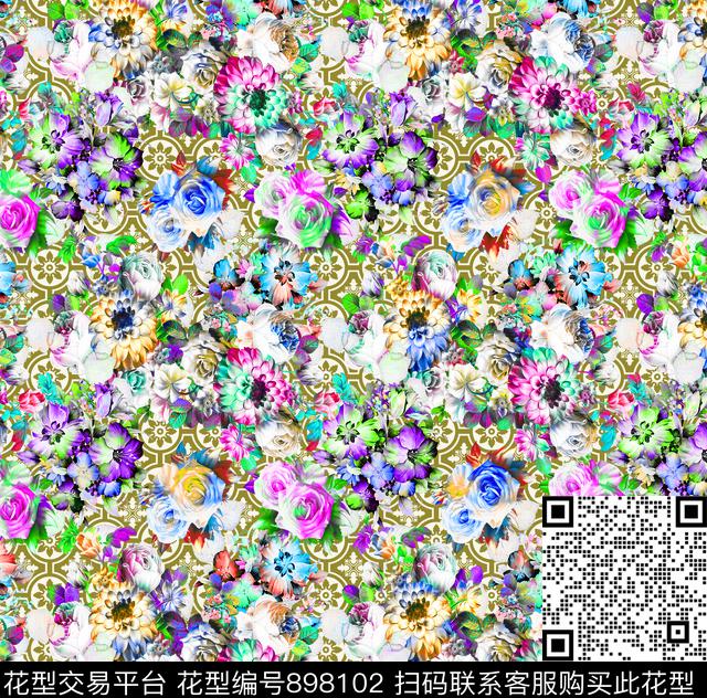 花卉玫瑰花抽象花卉数码印花华亿平台下载（图片编号: 898102） - 瓦栏（Walan）