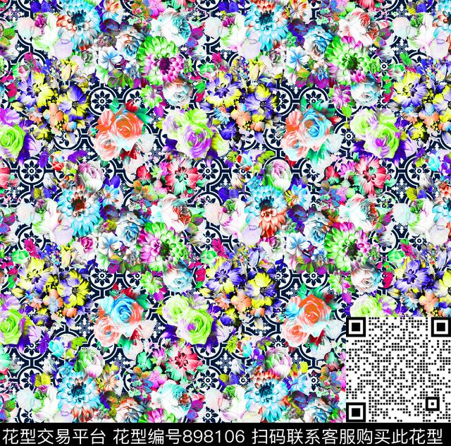 花卉玫瑰花抽象花卉数码印花华亿平台下载（图片编号: 898106） - 瓦栏（Walan）
