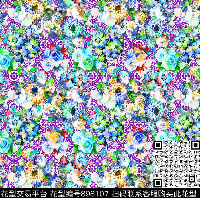 花卉玫瑰花抽象花卉数码印花华亿平台下载（图片编号: 898107） - 瓦栏（Walan）