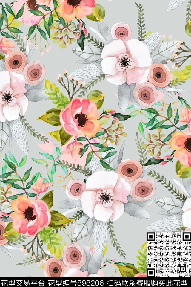 大牌风手绘花卉水彩花卉数码印花华亿平台下载（图片编号: 898206） - 瓦栏（Walan）