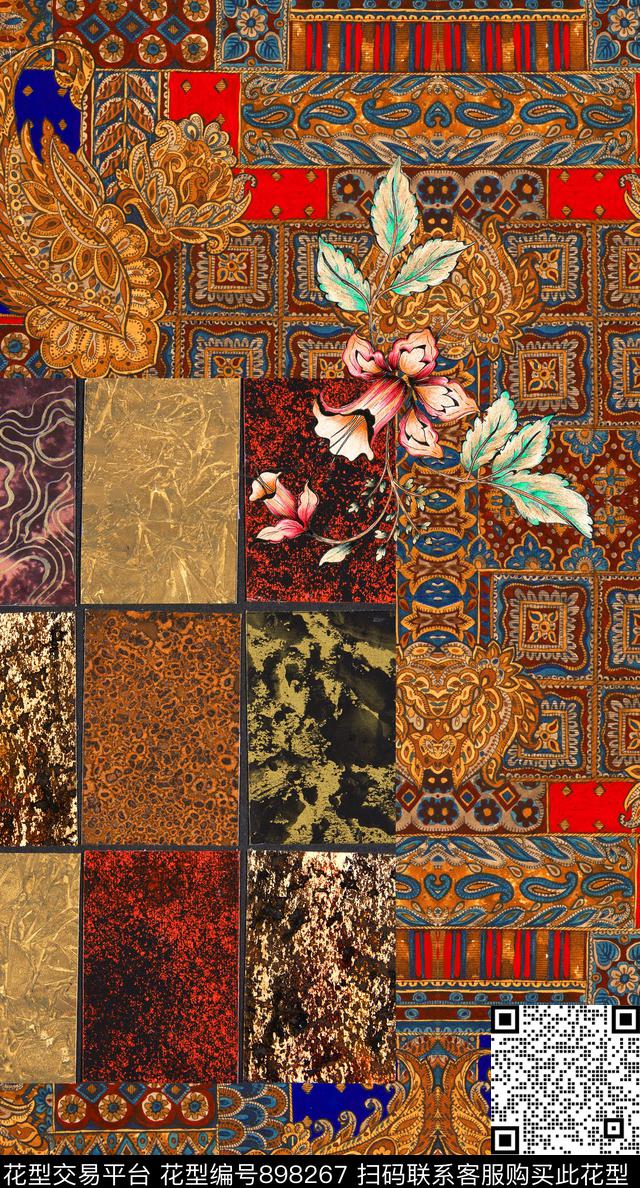 复古佩斯利花卉数码印花华亿平台下载（图片编号: 898267） - 瓦栏（Walan）