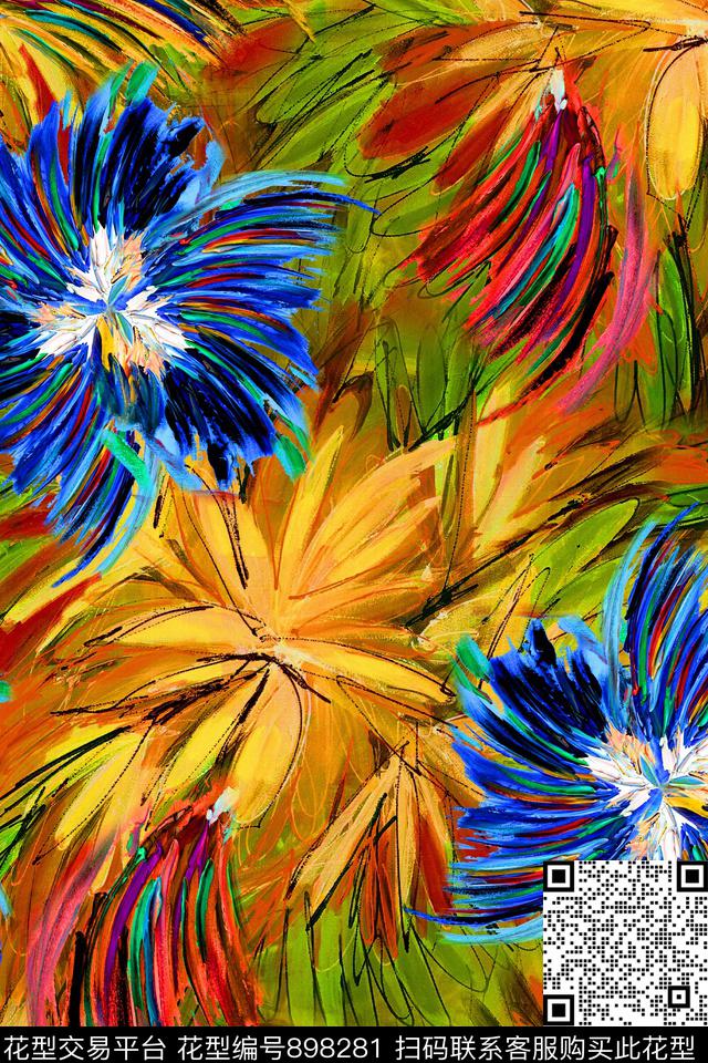 抽象几何花卉数码印花华亿平台下载（图片编号: 898281） - 瓦栏（Walan）