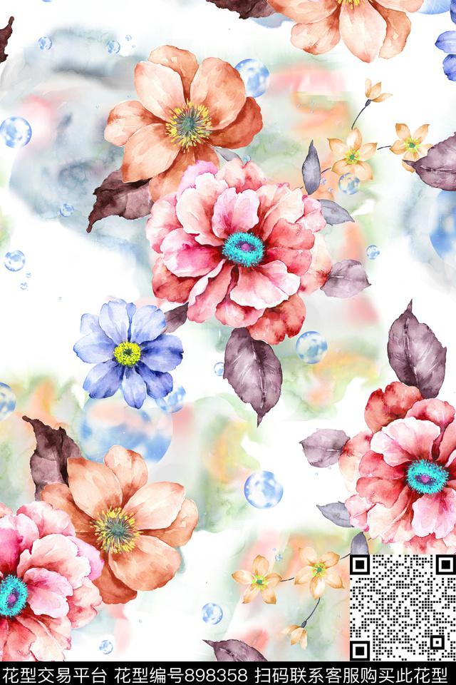 水彩花卉清爽底色花手绘花卉数码印花华亿平台下载（图片编号: 898358） - 瓦栏（Walan）