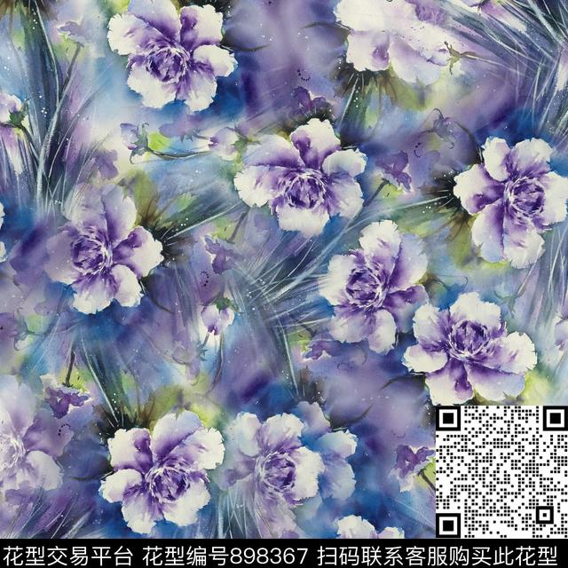 手绘花卉抽象水彩花卉数码印花华亿平台下载（图片编号: 898367） - 瓦栏（Walan）