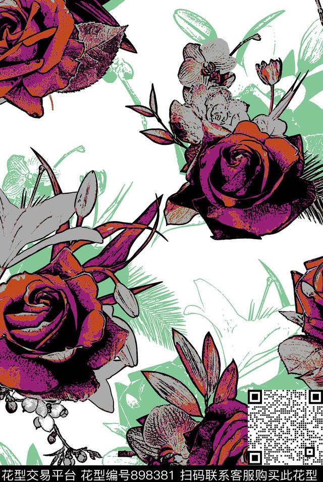 花卉清爽底色花简约数码印花华亿平台下载（图片编号: 898381） - 瓦栏（Walan）