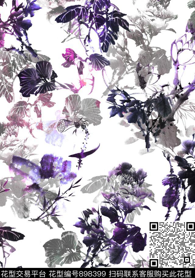 荷花国画水墨风数码印花华亿平台下载（图片编号: 898399） - 瓦栏（Walan）
